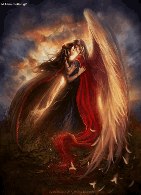 a painting of a man and a woman with wings by m.alina motion gif