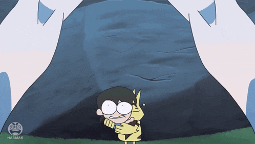 a cartoon drawing of a girl hugging a yellow monster with narmak written on the bottom right