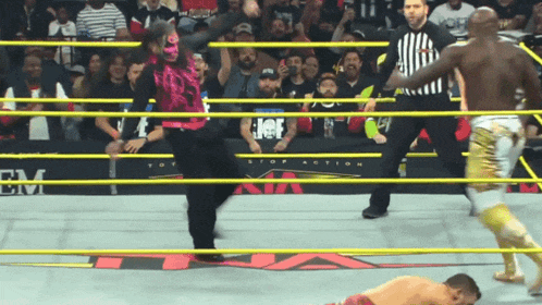 a wrestler in a pink mask stands in a ring with a referee behind him