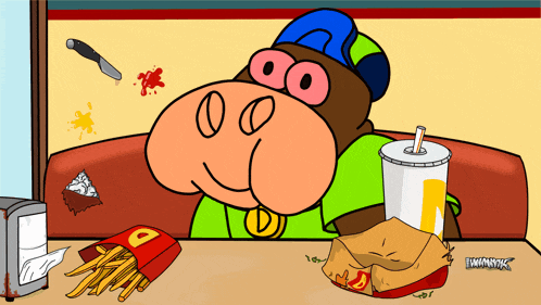 a cartoon of a gorilla sitting at a table with a bag of french fries and a drink