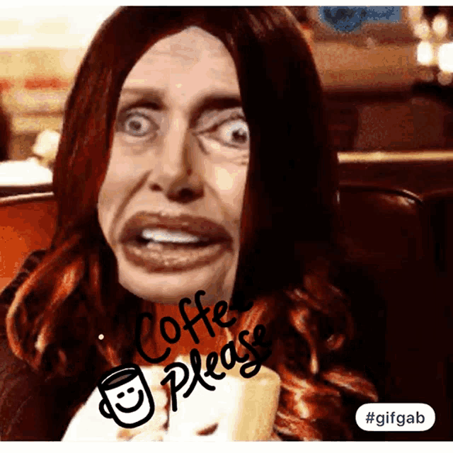 a picture of a woman with red hair and a sign that says " coffee please "