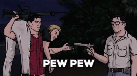 a cartoon shows a man pointing a gun at another man with pew pew written on the bottom