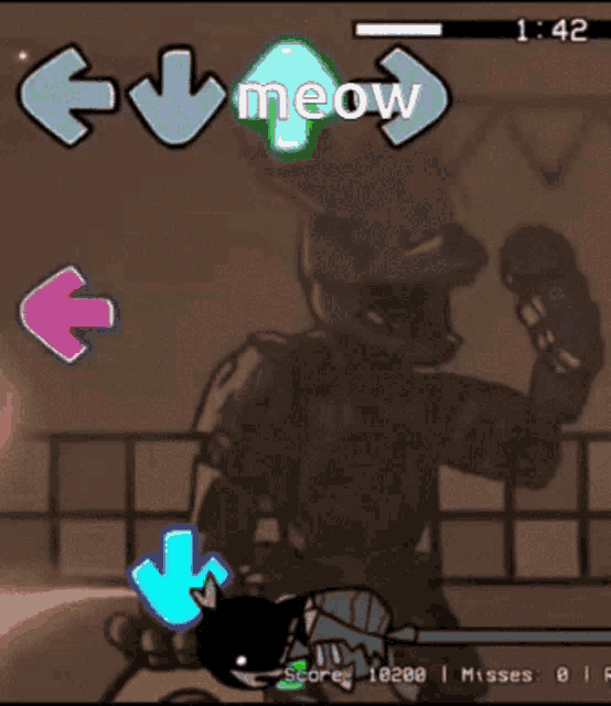 a video game with arrows pointing up and down and the word meow