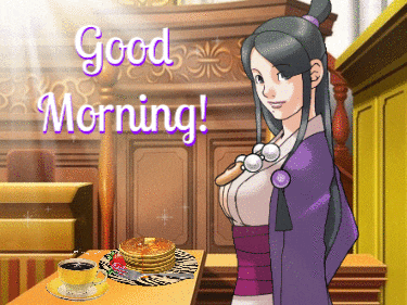 a woman in a purple dress is standing in front of a table with pancakes and a cup of coffee and the words good morning