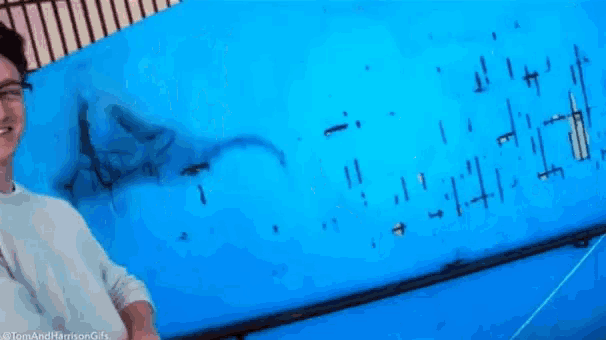 a young man wearing glasses is standing in front of a blue wall with a bunch of drawings on it .