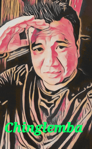 a painting of a man with the name chingtembe written in green