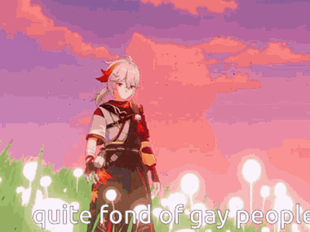 a video game character is standing in a field of flowers with the words quite fond of gay people written below him .