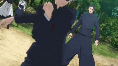 a group of anime characters are standing on a dirt path in the woods .