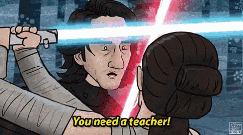 a cartoon of a man holding a lightsaber and saying you need a teacher