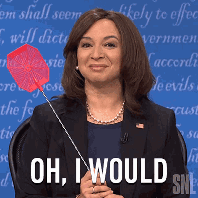 a woman holding a dart board with the words oh i would snl below her