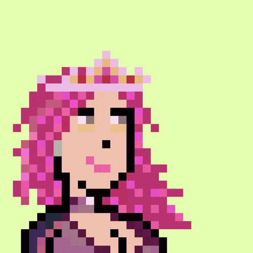 a pixel art of a woman with pink hair holding a coin