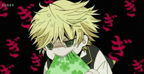 a cartoon character with yellow hair is holding a green cloth in front of his mouth