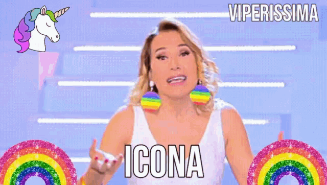 a woman wearing rainbow earrings is surrounded by rainbows and the word icona on the bottom