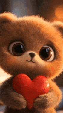 a cute teddy bear is holding a red heart in its hands .