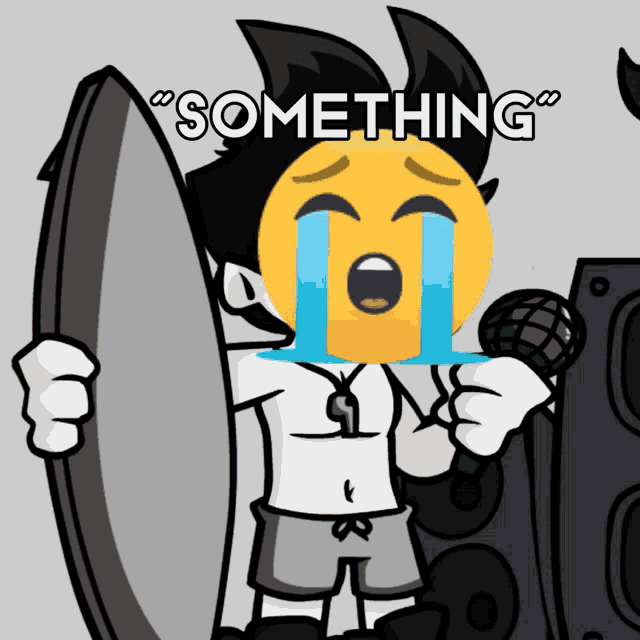 a cartoon of a man holding a surfboard and a microphone with a crying smiley face behind him that says something