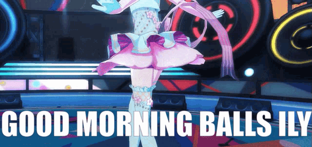 a girl in a pink skirt is dancing on a stage with the words " good morning balls ily " below her