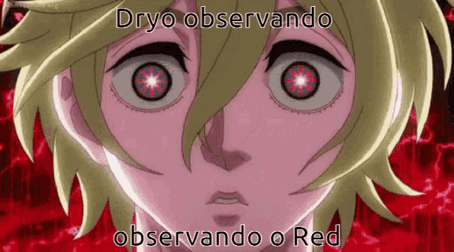 a close up of a person 's face with the words dryo observando observando o red on it