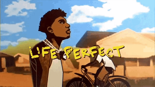 a cartoon of a man standing next to a bike with the words life perfect above him