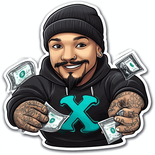a man in a black hoodie with the letter x on it holds a dollar bill