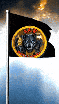 a black flag with a picture of a wolf and the words raw party animal