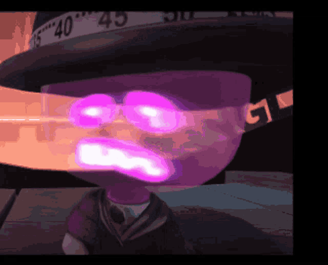 a cartoon character with purple eyes and a hat with the number 45 on it