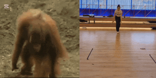 a woman is walking on a wooden floor in front of a sign that says ' x ' on it