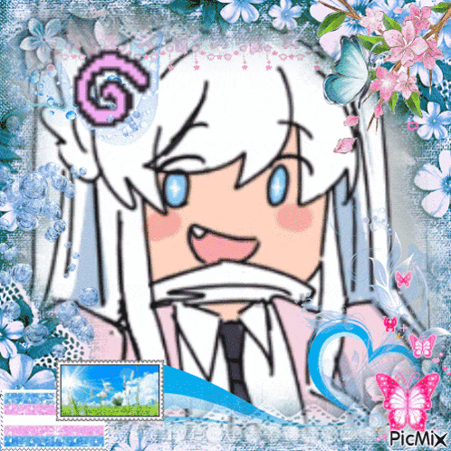 a picture of a girl with white hair is surrounded by flowers and butterflies and says picmix