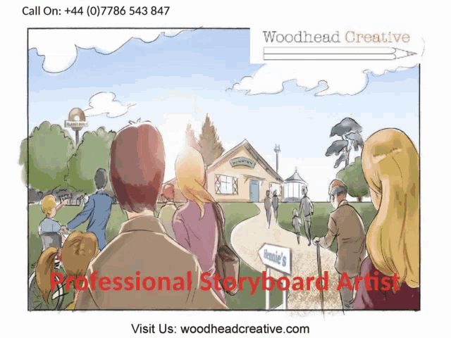 an advertisement for woodhead creative shows people walking towards a building