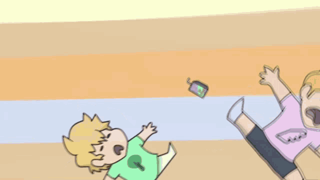 a cartoon of two people laying on their backs with one wearing a pink shirt with a heart on it