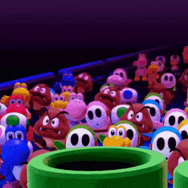 a group of cartoon characters are gathered around a green pipe in a dark room