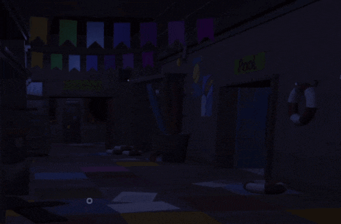 a dark hallway with a pool sign on the wall