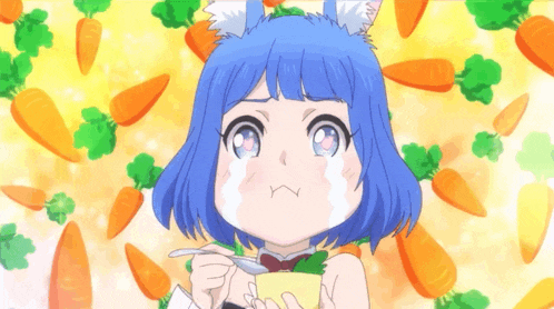a girl with blue hair is eating carrots and broccoli with a spoon