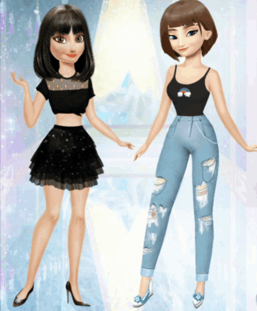 two dolls are standing next to each other with one wearing a crop top with a rainbow on it