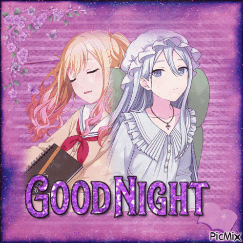 a picture of two anime girls with the words good night written on it
