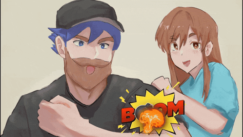 a drawing of a man and a girl with the word boom on the bottom