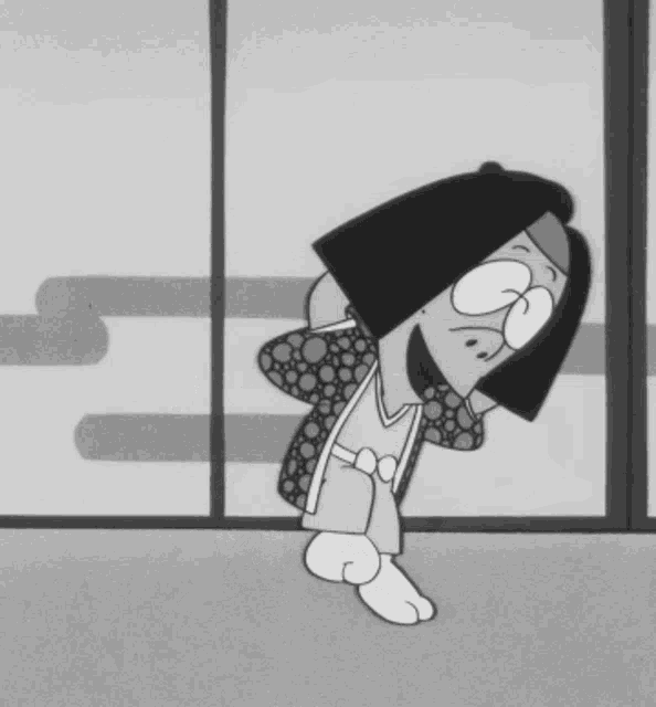 a black and white cartoon of a woman with a kimono on