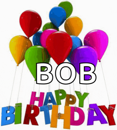 a bunch of colorful balloons with bob written in the middle