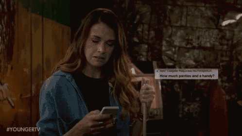 a woman is looking at her cell phone with a reply box that says how much panties and a handy