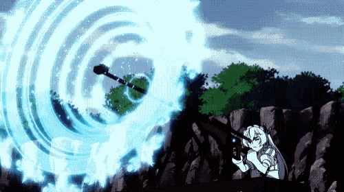 a girl is sitting on a rock holding a gun in front of a wave coming in .