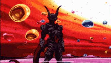 a cartoon character with horns is surrounded by bubbles and a red background