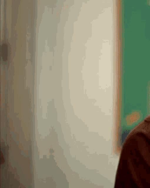 a man in a red shirt is standing in front of a green board in a room .