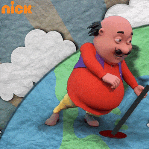 a cartoon character with a mustache is holding a stick in front of a sign that says nick