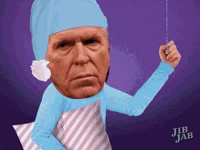a cartoon of a man wearing a blue hat and holding a pillow with jib jab written on the bottom