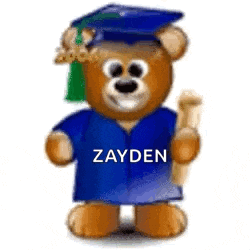 a teddy bear wearing a graduation cap and gown with the name zayden on it