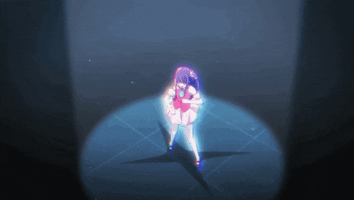 a girl with purple hair is standing on a stage in front of a spotlight