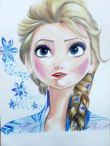 a drawing of a girl with braided hair and blue flowers