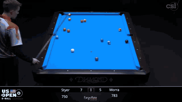 a pool table with a blue cloth and a diamond logo
