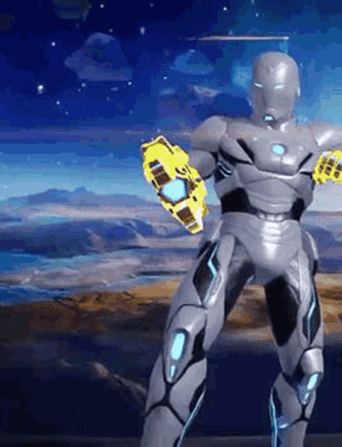 a robot is standing in front of a landscape and holding a yellow glove .