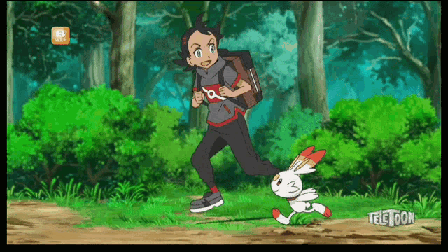 a cartoon of a boy running with a rabbit and the words teletoon on the bottom right