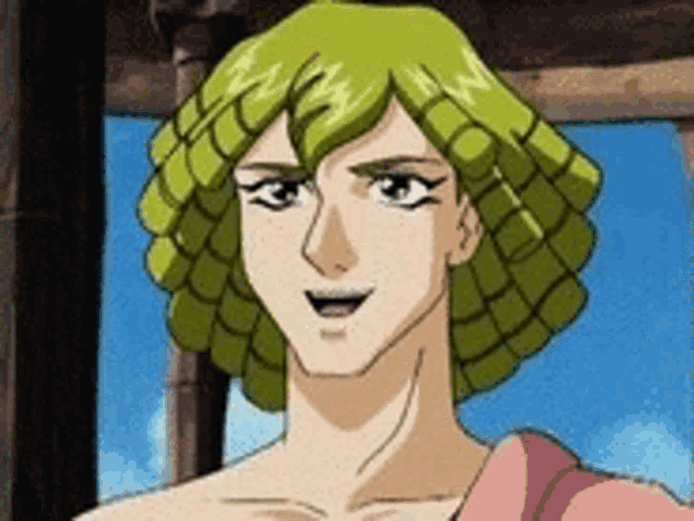 a man with green hair and a pink shirt is smiling .